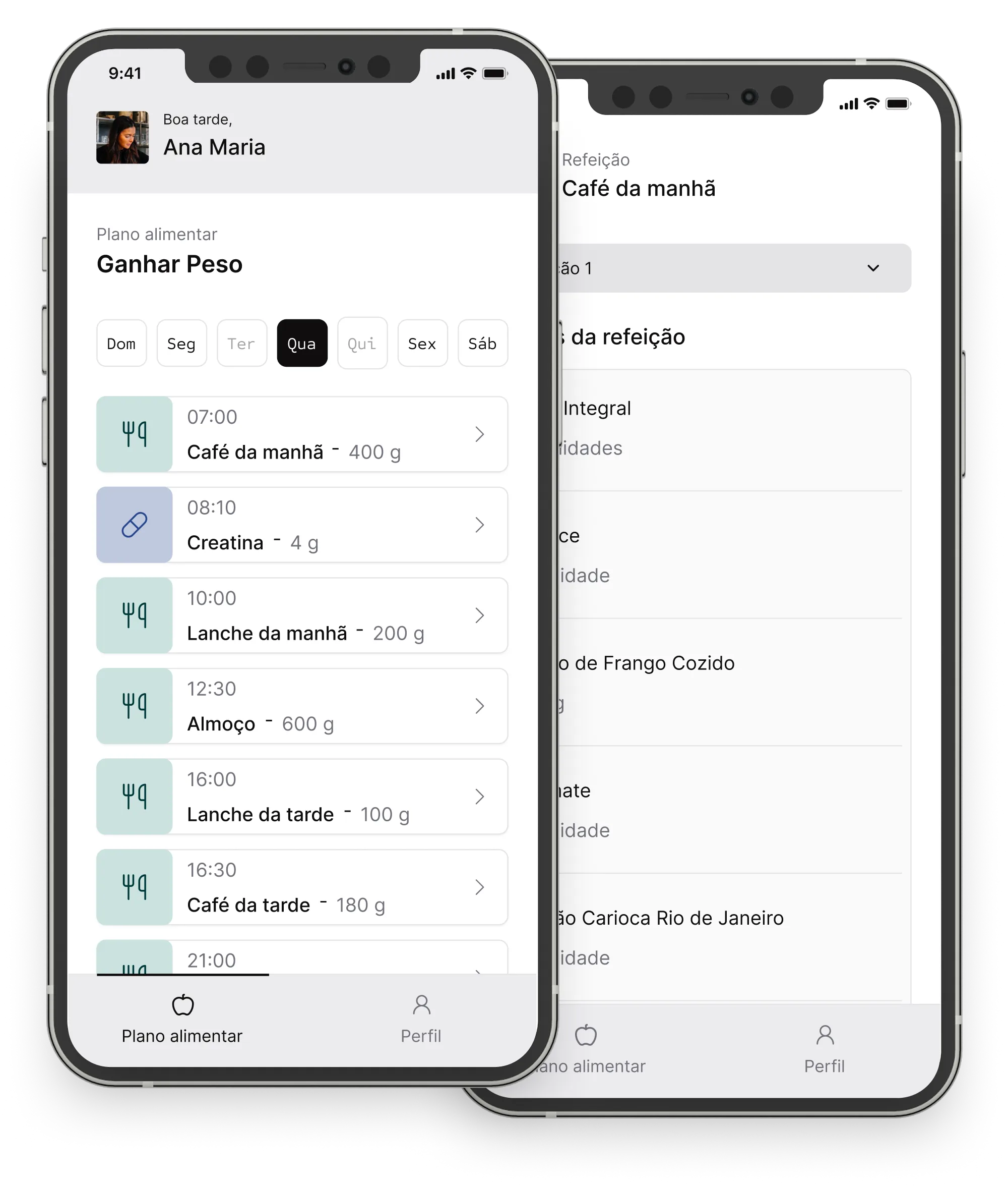 Mockups do app Dietit mostrando plano alimentar e detalhes de refeição