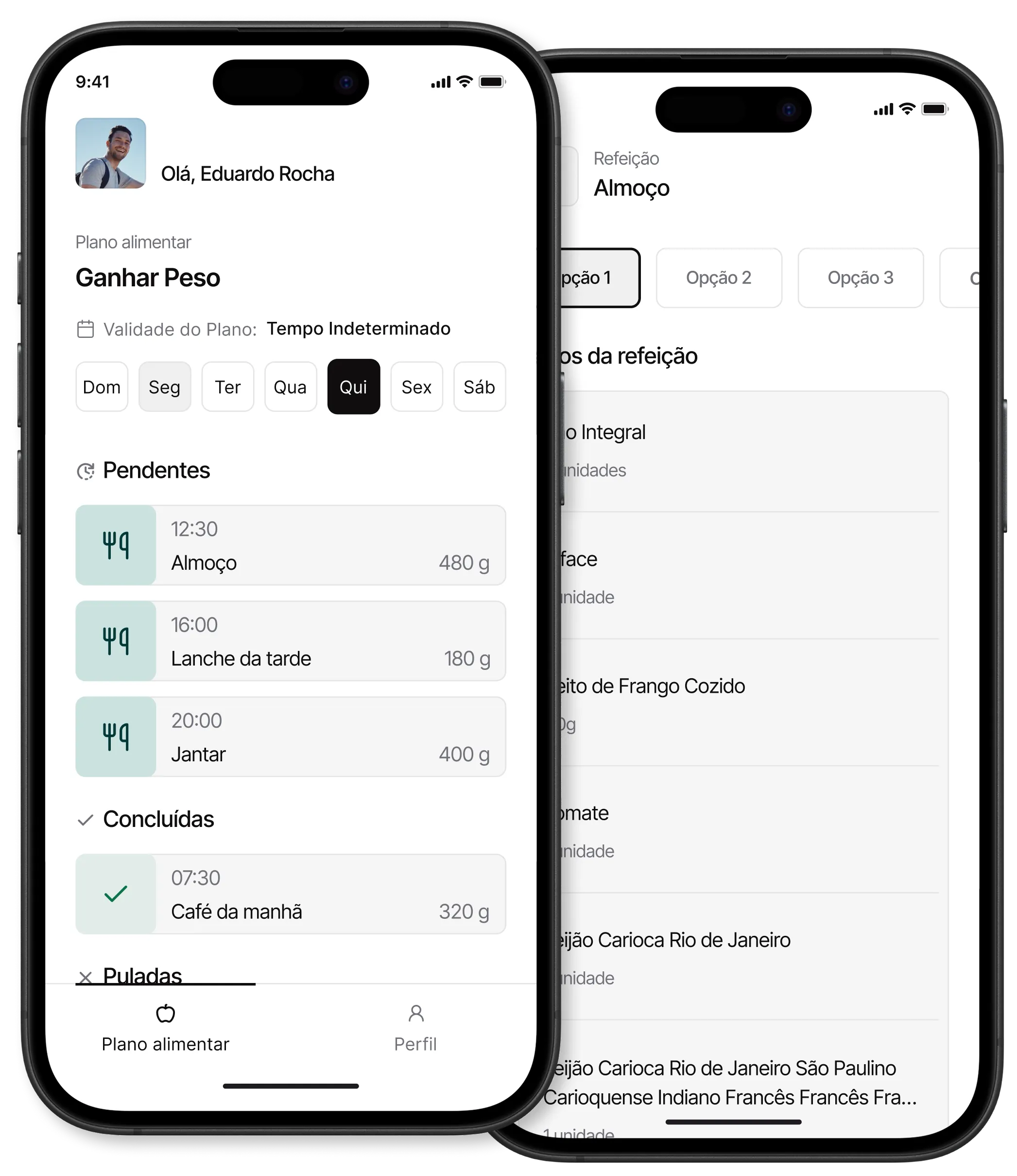 Mockups do app Dietit mostrando plano alimentar e detalhes de refeição