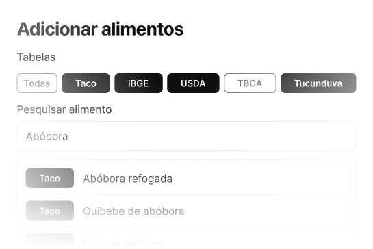 Exemplo de tela de pesquisa e adição de alimentos