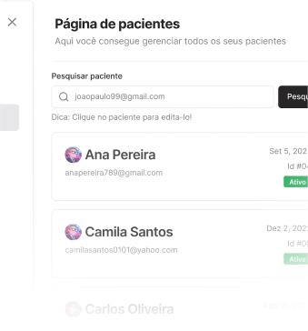 Tabela de pacientes. Exemplo de como funciona a gestão de pacientes do Diet It.